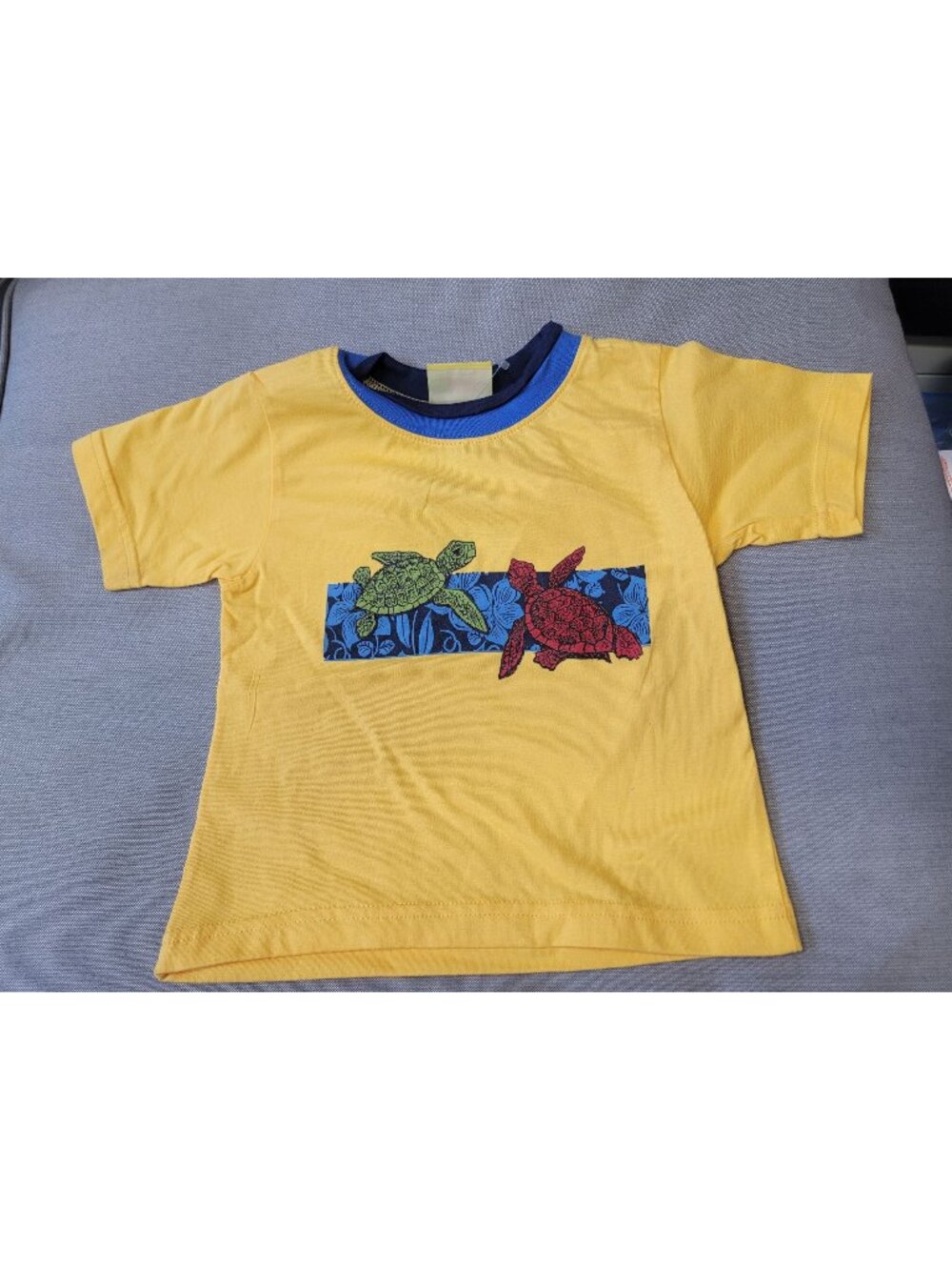 Plaid Fish Toddler T-Shirt With Turtle Print Yellow & Blue 100% Cotton Unisex Sh